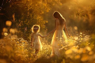 Mother and Daughter Walking in Sunlit Meadow