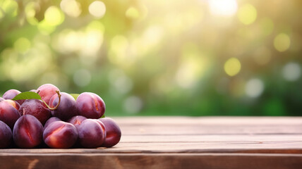 Fresh Plums on Rustic Wooden table top Surface for product placement mockup text copy space.
