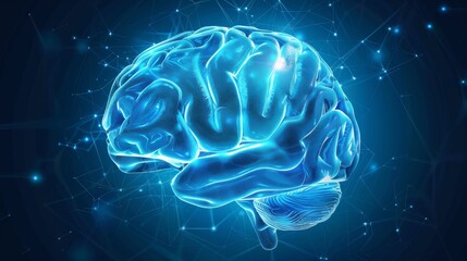 Blue human brain on blue background with connection lines