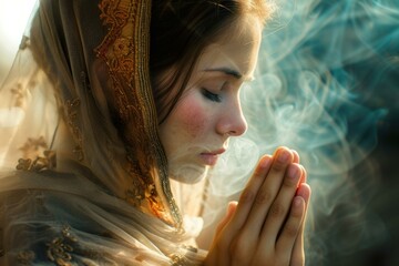 Beautiful girl praying. Religious woman prayer with belief in god. Generate ai