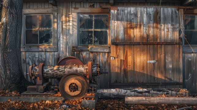 Old, weathered wooden barn with broken windows and rusty, abandoned machinery in the foreground surrounded by fallen leaves