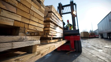 Close-up of a forklift loading wooden planks onto a truck at a distribution center