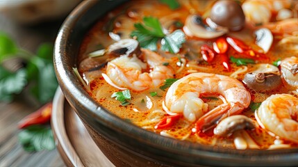 Close-up of a spicy Tom Yum soup with shrimp mushrooms - obrazy, fototapety, plakaty