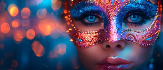 Colorful Mardi Gras mask with glitter bokeh city lights in background Perfect for carnival...