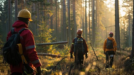 Naklejka premium Forestry workers in protective gear marking trees for sustainable logging