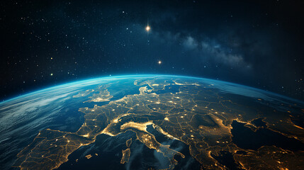 Europe at night viewed from space with city lights showing human activity in Germany, France, Spain, Italy and other countries, 3d rendering of planet Earth.