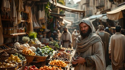 Medieval Market: Photograph bustling market scenes with merchants, traders, and peasants selling goods to showcase daily life during the Middle Ages 