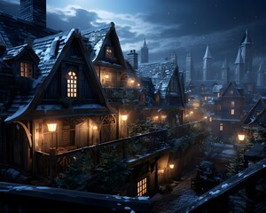 Snowy city at night with houses and lanterns in the foreground