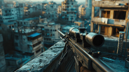 A sniper rifles with an optical sight in man`s hands, - obrazy, fototapety, plakaty