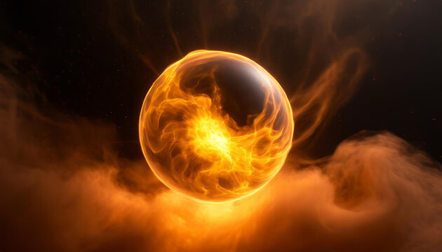 Abstract round energy sphere with moving liquid against dark neon orange clouds. Magical glowing ball.