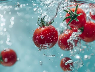 Photo of a tomato falling into water taken with professional photography