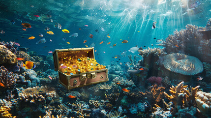 treasure box in the sea with colorful coral reef and fish , light through the surface , full of gold ,lost treasure - obrazy, fototapety, plakaty