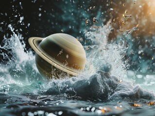 Saturn falling into water, high speed photography perspective view angle, 2K hyper quality in the style of unknown artist