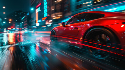 red luxury car overtaking on the street at night , city street , traffic urban , speed motion line