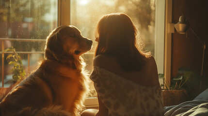 the comfort of their apartment, a young woman and her golden retriever bask in the glow of...