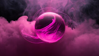 Abstract round energy sphere with moving liquid against dark neon purple clouds. Magical glowing ball.
