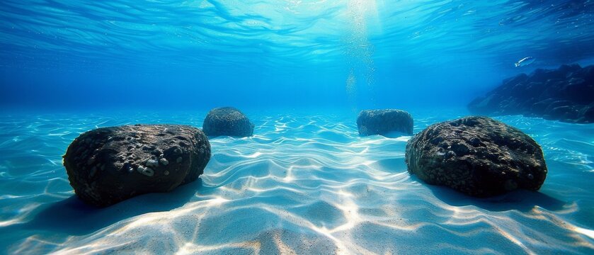 Underwater view of tropical blue ocean in Hawaii with white sand and stones. Ocean background.