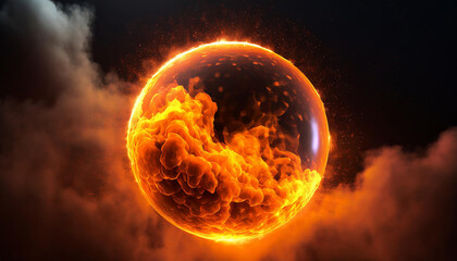 Abstract round energy sphere with moving liquid against dark neon orange clouds. Magical glowing ball.