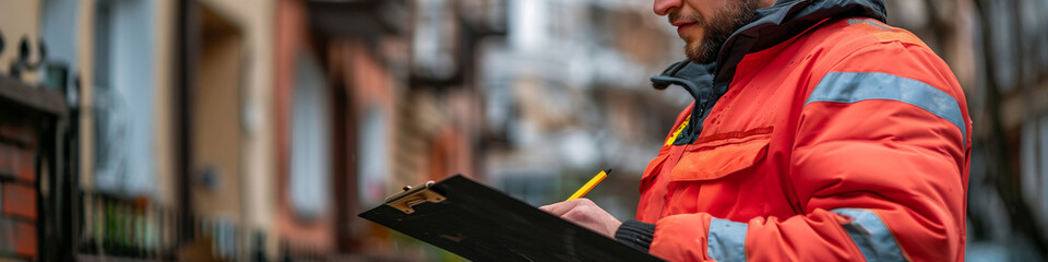 A man in a high-visibility vest checks and writes, an engineer writes something down in documents, a policeman takes notes, a firreman takes notes