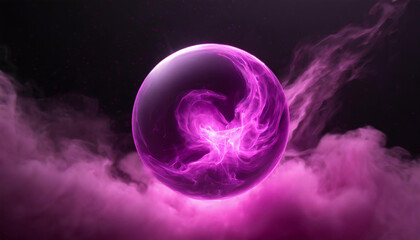 Abstract round energy sphere with moving liquid against dark neon purple clouds. Magical glowing ball.