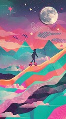 Fototapeta premium Embrace minimalism in motion. Picture a close-up: you, riding roller skates with grace. Anime style meets moody ambiance, set amidst moon and clouds. Splashes of pink and turquoise add whimsy.