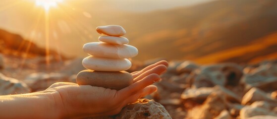 Having an enjoyable life. Harmony and Positive Mind. Hand Setting Natural Stone Stack to Balance. Balancing Body, Mind, Soul and Spirit. - obrazy, fototapety, plakaty