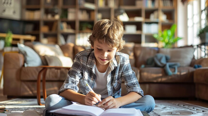 Fototapeta na wymiar A teenage boy does homework while sitting on the floor in the living room.