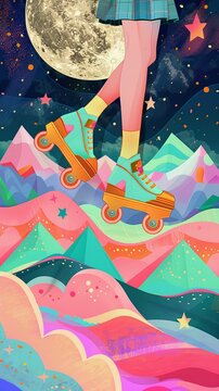 Embrace minimalism in motion. Picture a close-up: you, riding roller skates with grace. Anime style meets moody ambiance, set amidst moon and clouds. Splashes of pink and turquoise add whimsy.