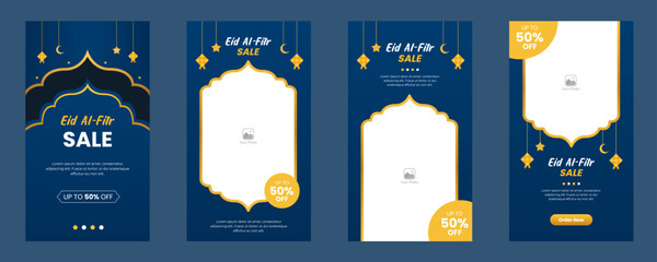a set of Eid al-Fitr sale social media stories template promotion design for business or company. blue background with a golden accent. dark blue gradient background - obrazy, fototapety, plakaty