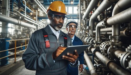 Fototapeta premium A middle-aged african technical engineer and worker with a tablet in his hands controls the operation of the pressure system in valves, pipes and sediments at an oil refinery