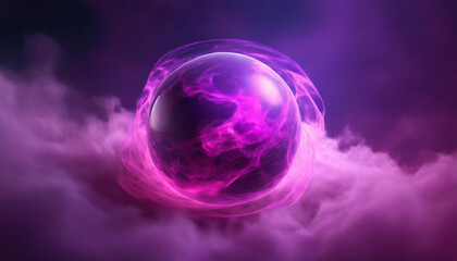 Abstract round energy sphere with moving liquid against dark neon purple clouds. Magical glowing ball.