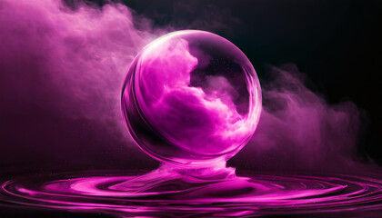 Abstract round energy sphere with moving liquid against dark neon purple clouds. Magical glowing ball.