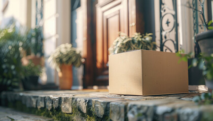 A brown cardboard box is sitting on a stone ledge outside a house by AI generated image - obrazy, fototapety, plakaty