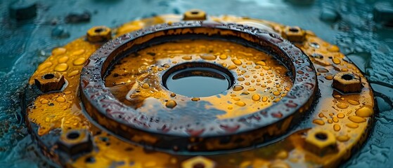 Closeup of spill containment equipment hatch showcasing advanced leak prevention mechanism. Concept Spill Containment Equipment, Hatch Closeup, Leak Prevention, Advanced Mechanism