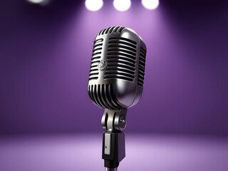 retro microphone on stage against a blurred purple backdrop.