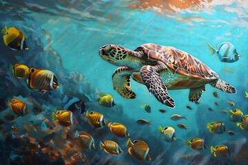 a turtle was swimming with a group of beautiful fish, in the beautiful clear sea - Powered by Adobe