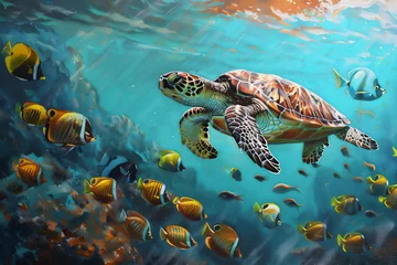 Poster a turtle was swimming with a group of beautiful fish, in the beautiful clear sea © Syukra