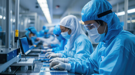 Operator in white clean suit, a cap and a mask at an electronic assembly line soldering copper wire to a circuit board with solder iron and smoke
