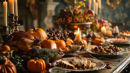 The festive table is elegantly set with candles, beautiful dishes, in the autumn style with pumpkins and apples, the center of the composition is a deliciously cooked large turkey