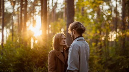 couple in love in the forest at sunset on a date hugging in a coat in the summer. Cinematic love story