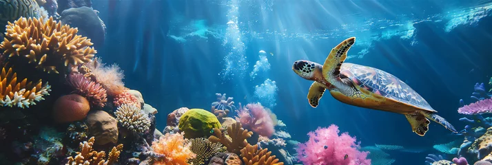 Gordijnen coral reef with fish and turtle © Syukra