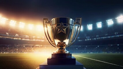 a gleaming trophy positioned at the center of a nighttime stadium, bathed in radiant light, with the surrounding scene softly blurred, evoking the excitement and prestige - obrazy, fototapety, plakaty