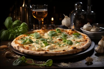 Delicious italian sausage pizza with melted cheese and fresh herbs on white background