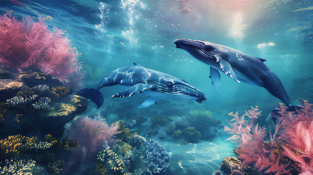 Blue whales are swimming in the clear and beautiful sea, coral rocks and beautiful sea plants