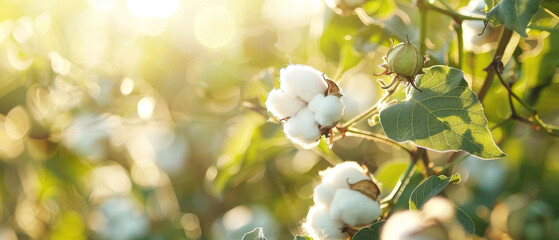 A wide, lush cotton field bathed in warm, golden sunlight, the fluffy white buds standing out against the vibrant green foliage.
