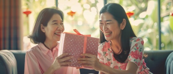 I'm buying Mediclaim health care life insurance for a middle-aged mom sitting on my sofa reading a paper with a smile on it. Young adult woman asia people giving gift to mother reading protecting