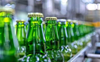 Rows of emerald-hued beer bottles captivate the eye as they move along the conveyor, their radiant glow and shiny surfaces creating a striking visual effect.