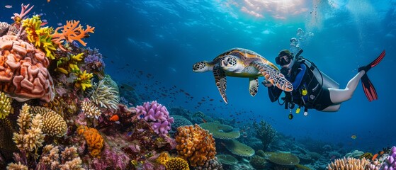 The female scuba diver poses with a Hawksbill turtle swimming over coral reef in the blue sea. Marine life and underwater world concepts.