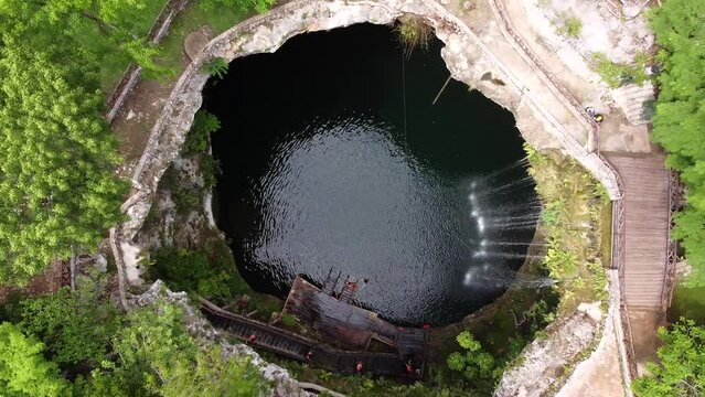 Aerial view of the natural Cenote sink hole in Valladolid, Mexico