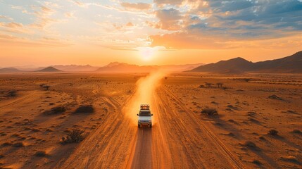 Fototapeta premium A truck traveling through a vast desert at sunset AI generated illustration